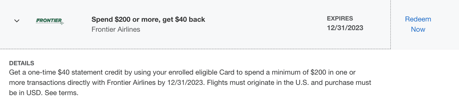 Frontier Amex Offer Spend $200, Save $40
